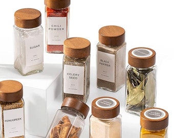 Glass Herb and Spice Jars Acacia Wood Lids Printed Waterproof