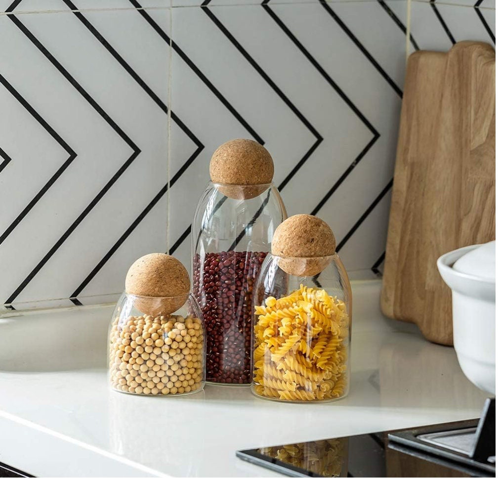 Clear Glass Bottle Kitchen Storage Jar with Cork Ball Airtight Lid –  Kitchen Groups