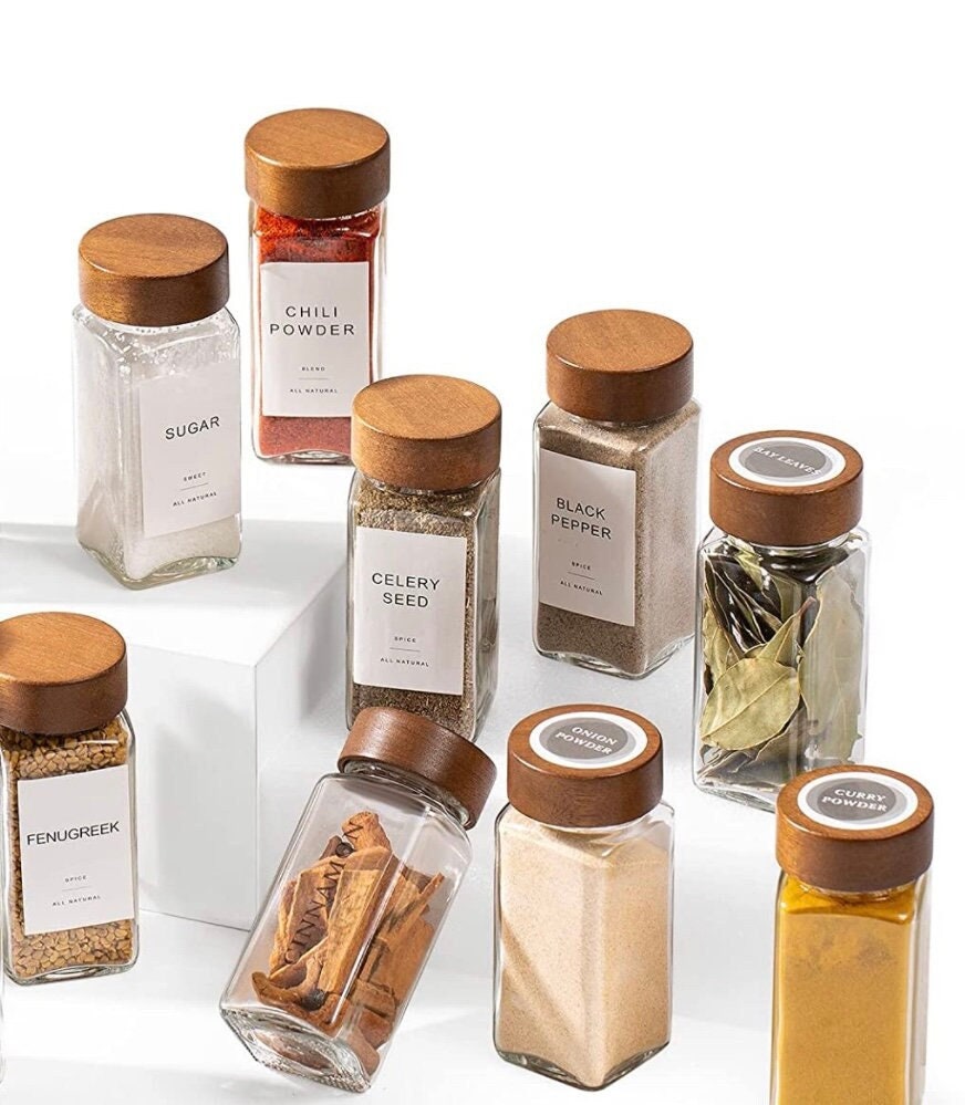 HIMAYA Glass Spice Jars With Natural Acacia Wood Lids Size 160ml FREE  Custom Minimalist Labels Organise Pantry 