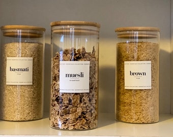 Barattoli per la conservazione della cucina in vetro / coperchi in bambù / etichette personalizzate / contenitori per la cucina / barattoli per dispensa / contenitori / ecologici