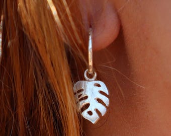 Sterling Silver Monstera Hoop Earrings, Minimalist Tropical Plant Jewelry
