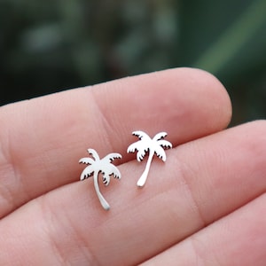 Sterling Silver Palm Tree Stud Earrings, Elegant Chic Geometric Ear Studs, Minimalist Jewelry, Small Silver Studs, Coconut Tree Jewelry
