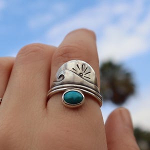 Sterling Silver Turquoise Wave Sunset Ring Women, Ocean Inspired Jewelry, Beach Lover Gift, Boho Statement Ring, Sunset Surf Jewelry