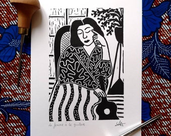 Linogravure originale, La femme à la guitare