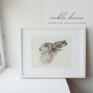 May include: A black and white drawing of a rabbit's head in a white frame. The drawing is titled "noble home curated collections".