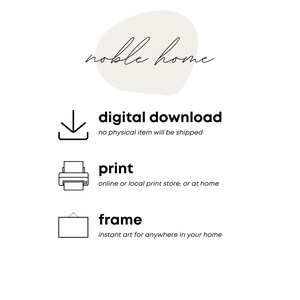 May include: A digital download graphic with a download icon, a printer icon, and a frame icon. The text reads "digital download", "no physical item will be shipped", "print", "online or local print store, or at home", "frame", and "instant art for anywhere in your home".