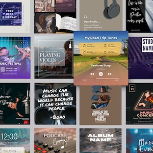 33 Music Industry Social Media Posts | Musician Posts | Canva Instagram Template for Singers, Concerts, Artists, Bands, Dj’s, Instruments