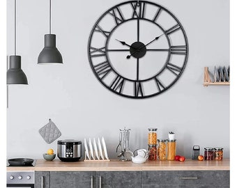 Horloge murale grande horloge design élégante en métal 60 cm à piles décorative silencieuse sans bruits de tic-tac noir