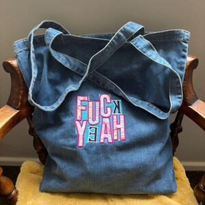 Embroidered Denim Tote Bag: Vintage Appliqué, Organic Cotton