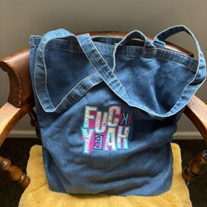 Embroidered Denim Tote Bag: Vintage Appliqué, Organic Cotton