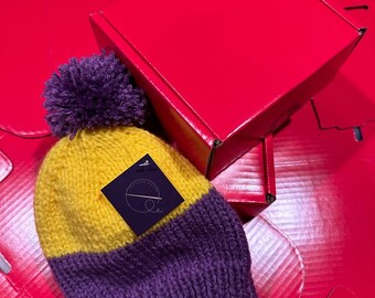 Yellow and Purple Pom Pom Hat, Hand Knit Winter Beanie for Women, Chunky Warm Knitted Hat