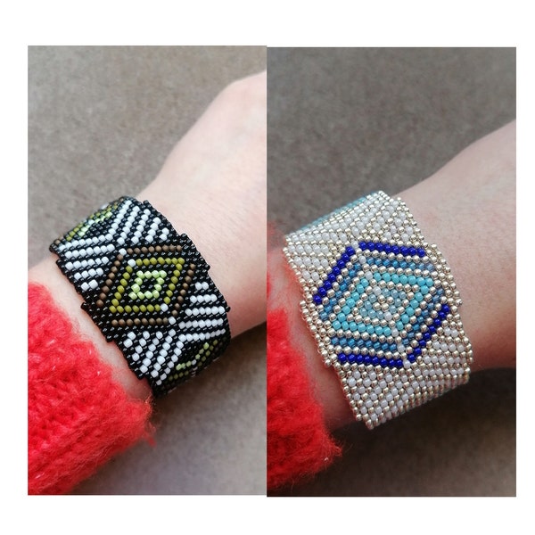 Peyote beaded bracelet, Geometric bracelet, Silver and blue bracelet, Black and green bracelet, Toho bead bracelet