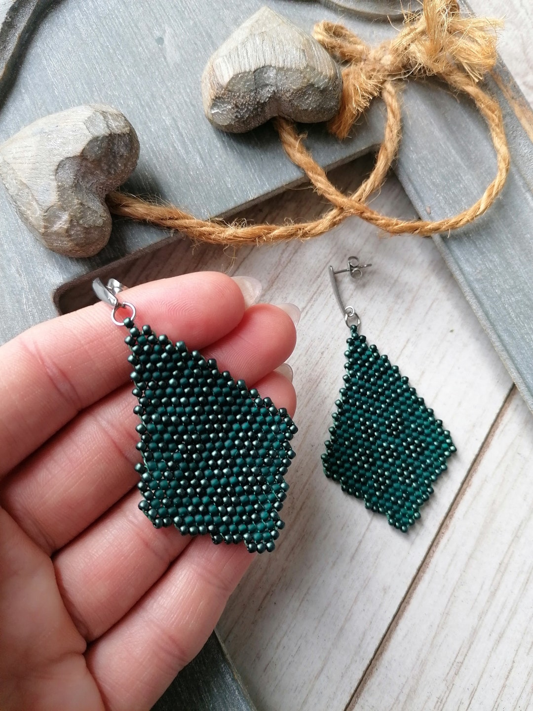 Beautiful Green Beaded Earrings, Glass Seeds Beads Earrings, Miyuki