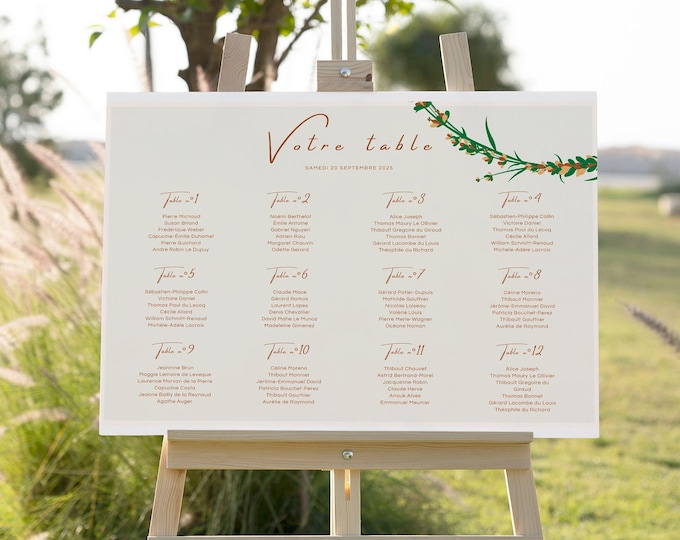 Modèle plan de table mariage fleuri, plan de table mariage champêtre, template à personnaliser | DUBLIN