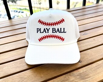 Witte truckerhoed Play Ball, unisex hoed, hoedketting, honkbalmoeder