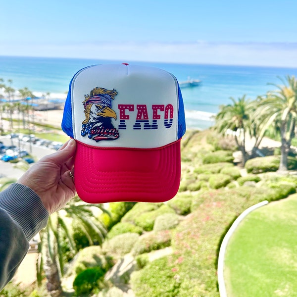 FAFO Mullet Eagle Stars and Stripes Red White and Blue Trucker Hat, Patch Hat,