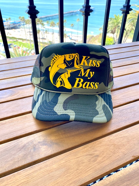 Kiss My Bass Fish Camo Foam Trucker Hat Fisherman Fishing Hats Custom Hats  Cowboy Hat Trip Summer Boat Coastal Trucker Hat 