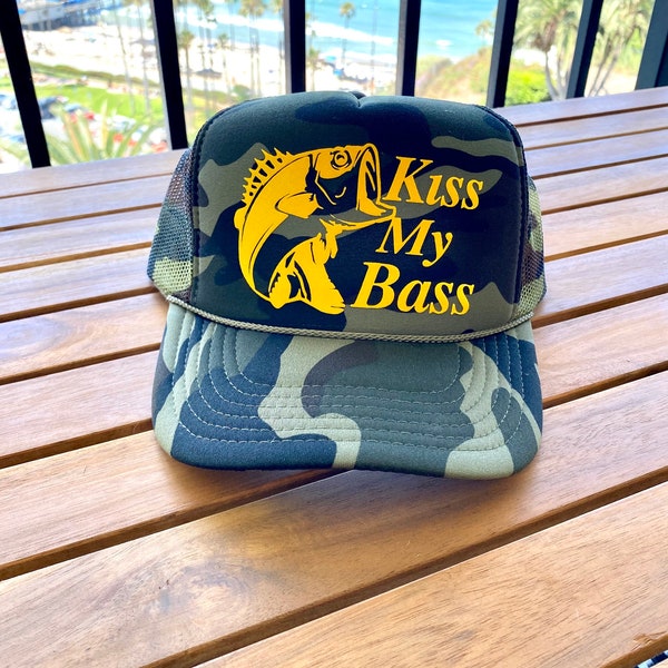 Kiss My Bass Fish Camo Foam Trucker Hat | Fisherman Fishing Hats Custom Hats Cowboy Hat Trip Summer Boat Coastal Trucker Hat