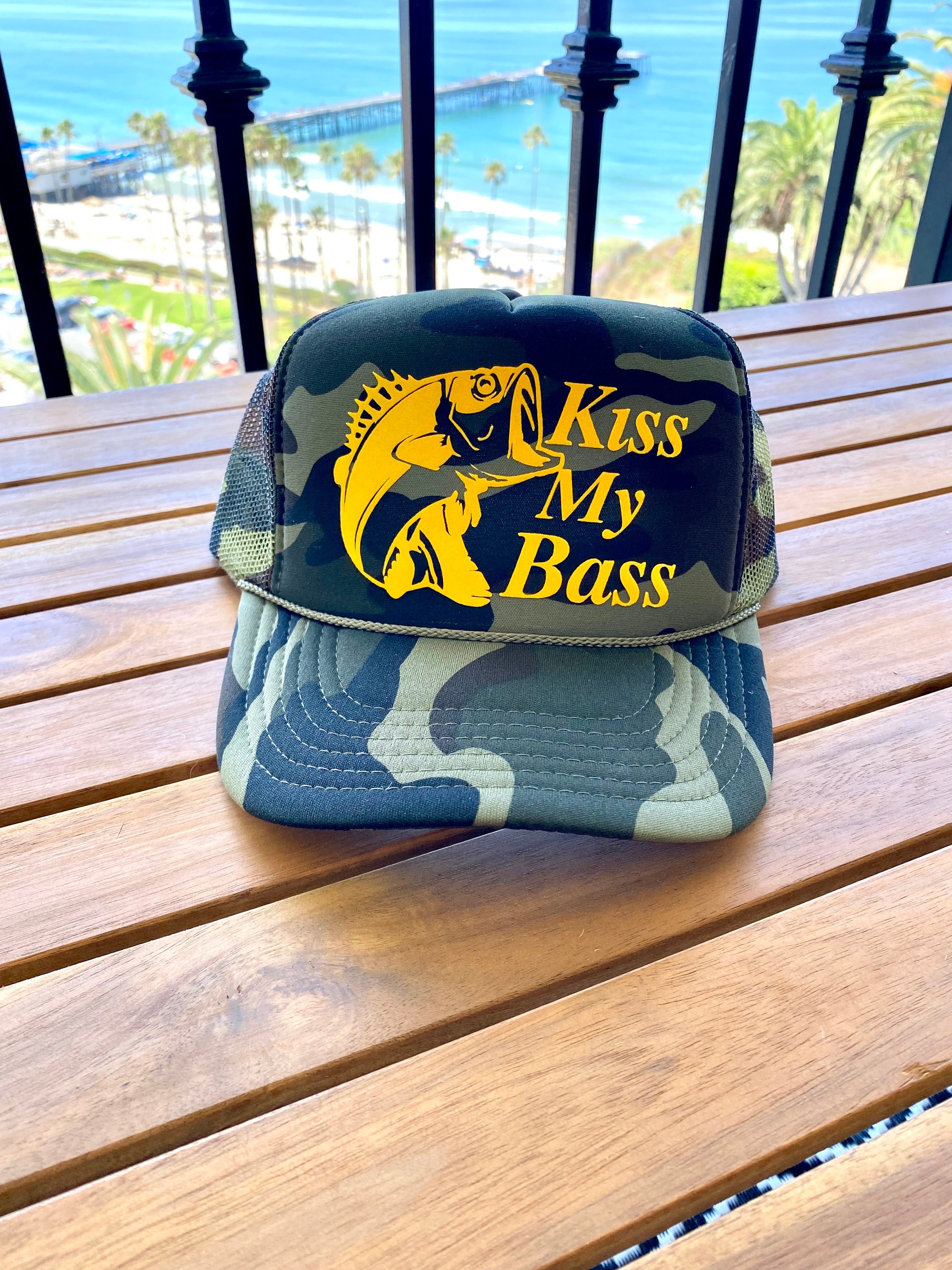 Kiss My Bass Fish Camo Foam Trucker Hat | Fisherman Fishing Hats Custom Hats Cowboy Hat Trip Summer Boat Coastal Trucker Hat