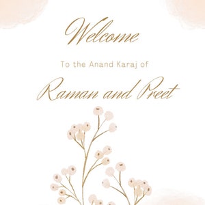 Kundengerechte Boho Neutral Sikh Punjabi Hochzeit Flyer Programmführer für Anand Karaj Zeremonie Tradition bedeutet indische Braut und Bräutigam