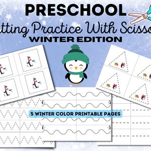 Könnte beinhalten: Fünf druckbare Winter-Aktivitätsseiten für die Vorschule mit Pinguinen, Geschenken und Übungsleinen zum Schneiden. Der Text "PRESCHOOL Cutting Practice With Scissors WINTER EDITION" befindet sich oben im Bild.