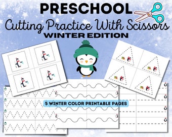 Práctica de tijeras para principiantes de invierno / Práctica de corte / Práctica de motricidad fina / Preescolar/PreK y Kindergarten imprimible