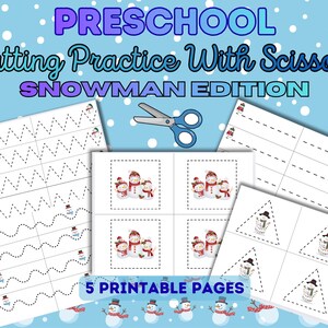 Könnte beinhalten: Ein blau-weißes Arbeitsblatt-Set für Vorschulkinder. Der Text lautet "Preschool Cutting Practice With Scissors Snowman Edition". Das Set enthält 5 bedruckbare Seiten mit Schneidübungszeilen und Schneemann-Illustrationen.