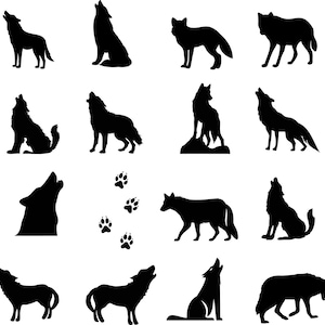 wolf silhouetten - 32 stks - dxf svg pdf-cnc, glowforge, xtool of andere lasergraveerder