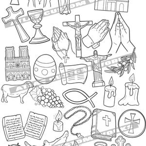May include: A black and white illustration of various Christian religious symbols, including a cross, a chalice, a dove, a bible, a fish, a candle, a church, a crown of thorns, a rosary, and a nativity scene.