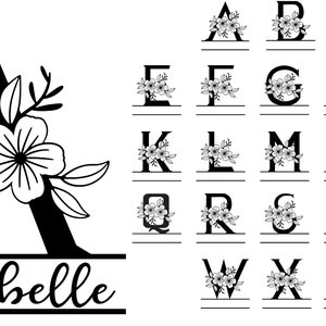 May include: Black floral monogram letters A-Z with a horizontal line at the bottom. The letter "A" features the name "Annabelle" below. Each letter is decorated with floral elements, creating a decorative and personalized design.