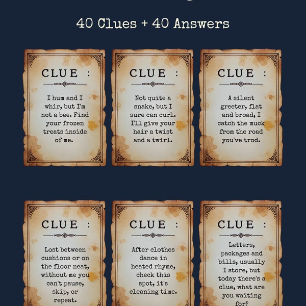 40 Card Scavenger Hunt Clue Cards + Puzzle Bundle, Printable Treasure hunt files, Cricut PNG cut files, Birthday Party Treasure Hunt