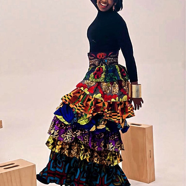 Maxi jupe imprimée africaine en patchwork de longueur 100 % coton Maxi jupe africaine | Fermeture éclair fendue | Jupe longue à empiècements | Vêtements Ankara