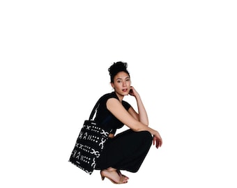 Sac fourre-tout à fermeture éclair imprimé africain avec poches - Sac de tous les jours en noir et blanc, jaune multicolore, sac à bandoulière, sac à provisions, bohème, sac de voyage
