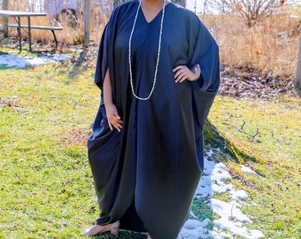 Robe caftan à manches chauve-souris, Tunique de plage fluide pour femme, Robe de détente pour femme, Robe longue décontractée à col en V, Idée cadeau d'anniversaire unique