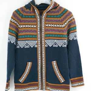 Hand-made Hooded Alpaca Sweater, Full Zipper Direct From Peru, Knitted Pattern - Size Small