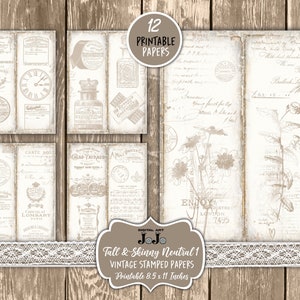 Printable Tall and Skinny Junk Journal Pages Kit, Neutral Stamped ...