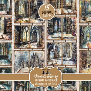 Könnte beinhalten: 15 digitale Journal-Papiere mit Aquarell-Illustrationen einer Zaubererbibliothek mit Bücherregalen, gewölbten Durchgängen und offenen Büchern. Die Papiere sind druckbar und messen 8,5 x 11 Zoll.