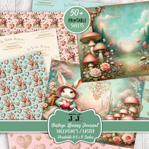 Junk Journal Kit, Printable Valentine's Day, Easter Bunny Love, Hearts Scrapbook Paper, Vintage Rabbit Digital Pages, Mixed Media Download