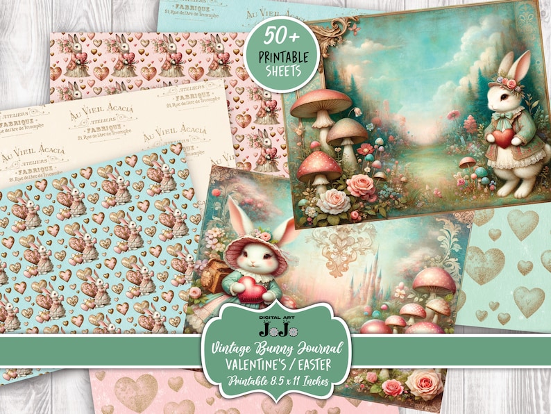 Junk Journal Kit, Printable Valentine's Day, Easter Bunny Love, Hearts Scrapbook Paper, Vintage Rabbit Digital Pages, Mixed Media Download