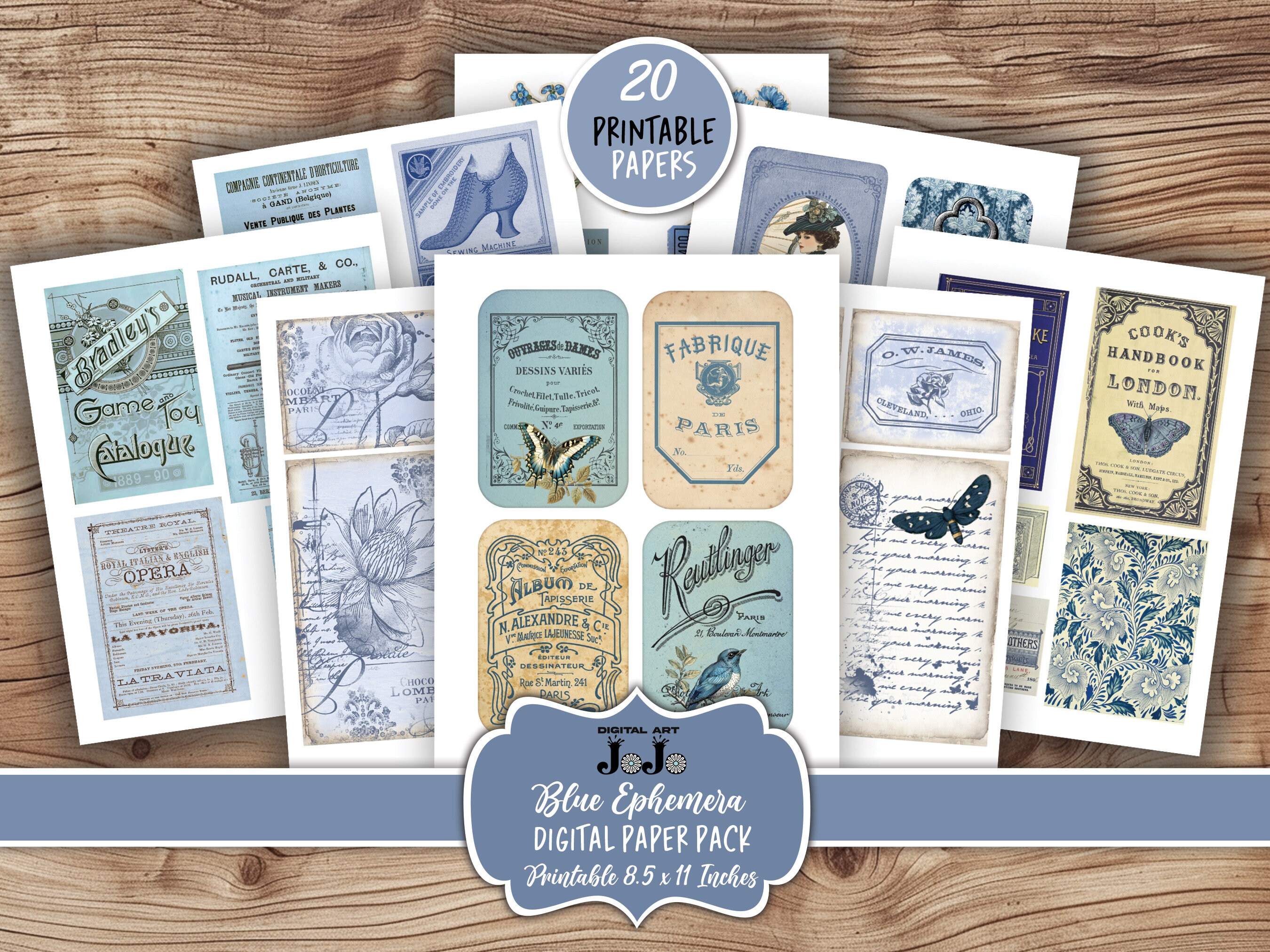Blue Ephemera Junk Journal Kit, Floral Scrapbook Papers Set, Vintage ...