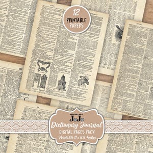 Könnte beinhalten: Eine Sammlung alter Wörterbuchseiten, einige mit Illustrationen, auf einer Holzoberfläche angeordnet. Das Bild enthält ein Etikett mit der Aufschrift "12 Printable Papers" und ein weiteres Etikett mit der Aufschrift "Dictionary Journal Digital Pages Pack Druckbar 27,9 x 21,6 cm".