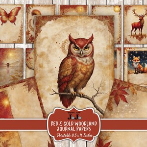 May include: Red and gold woodland themed printable journal papers featuring an owl, a deer, a fox, a butterfly, and a dragonfly. The papers are 8.5 x 11 inches.
