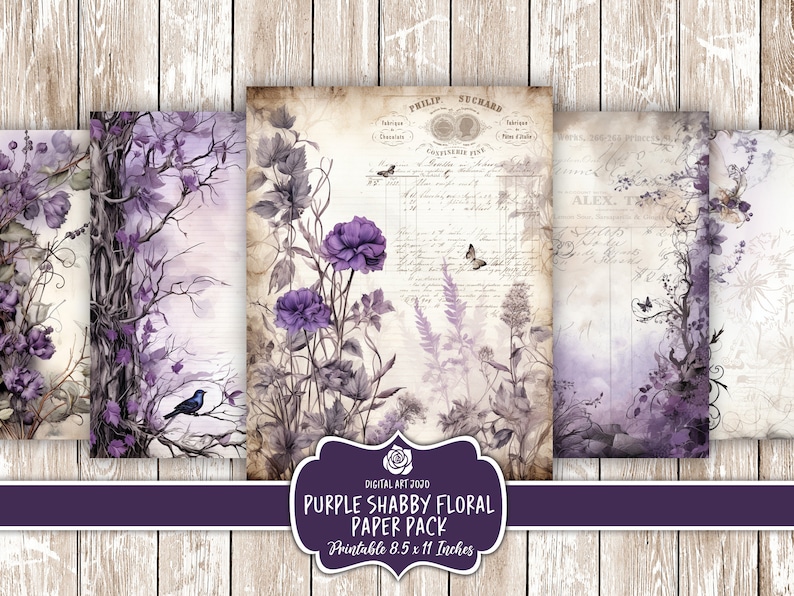 Vintage Purple Floral Digital Pages, Lilac Printable Scrapbook Papers ...