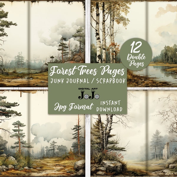 vintage Forest Junk Journal Printable Papers, vintage Trees Collage Sheets, Nature Scrapbooking Pages, Digital Download, Mixed Media, Crafts