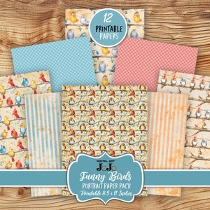 Oiseaux rigolos à imprimer, papiers indésirables, feuilles de scrapbooking fantaisistes, pages vintage, kit de collage nature, téléchargement numérique, ensemble éphémères