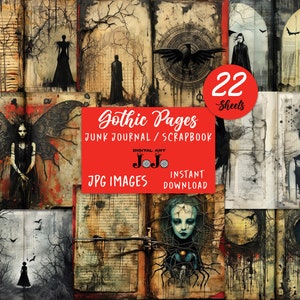 Peut inclure: Un collage numérique de 22 pages de scrapbooking sur le thème gothique avec des images de femmes, de corbeaux et d'arbres. Le texte "Gothic Pages Junk Journal / Scrapbook" est en rouge et blanc. Le texte "JPG Images Téléchargement instantané" est en noir et blanc.