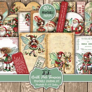 May include: A printable journal kit with a Christmas theme featuring fairies, Santa Claus, and other festive imagery. The kit includes 40+ printable papers in 11 x 8.5 inches.