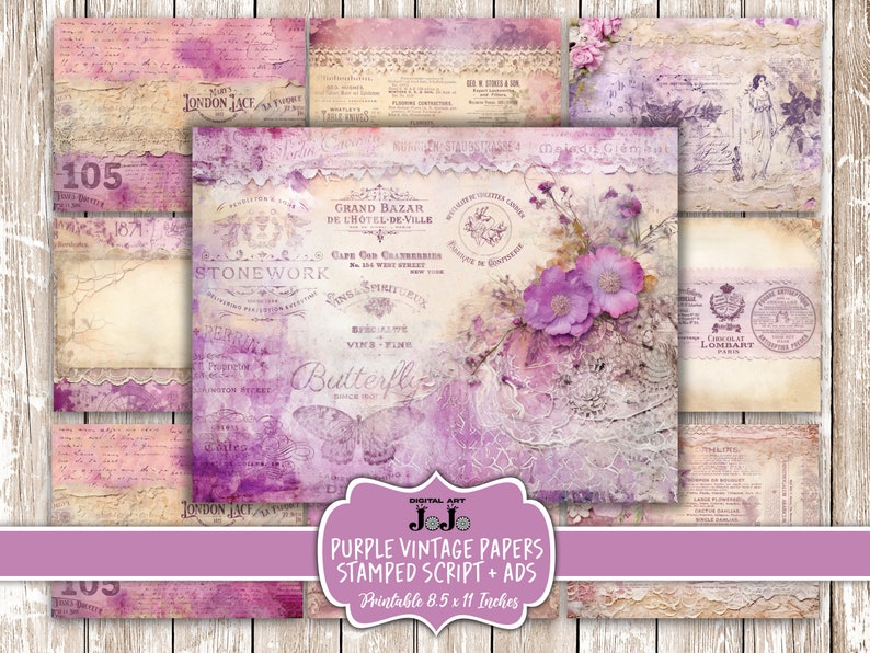 Purple Vintage Junk Journal Papers, Pink Printable Pages Pack, Digital ...