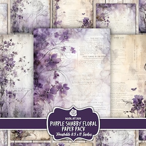 Vintage Lila Florale Digitale Seiten, Lila druckbare Scrapbook Papiere, Distressed Grung Blumen Collage Sheets, Junk Journal Zubehör, Basteln