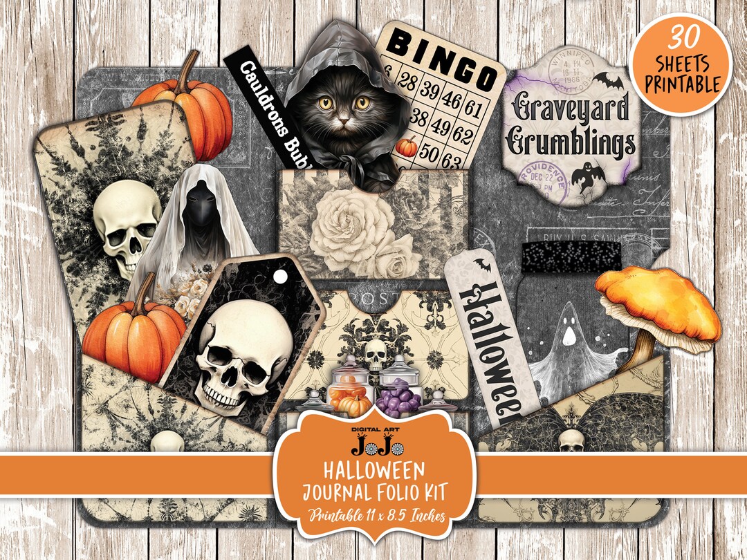 Digital Junk Journal Folio, Halloween Printable Kit, Spooky Vintage ...